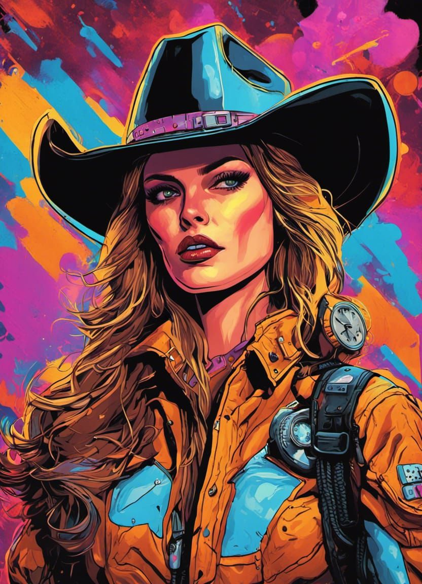 Neon Cyborg Cowgirl in Black Light Art Style