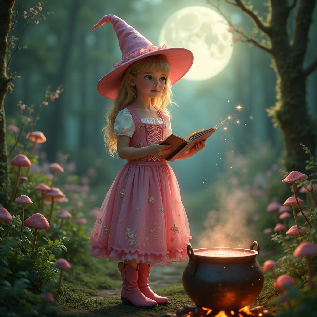 Elegant Witch in Magical Forest with Glowing Wand