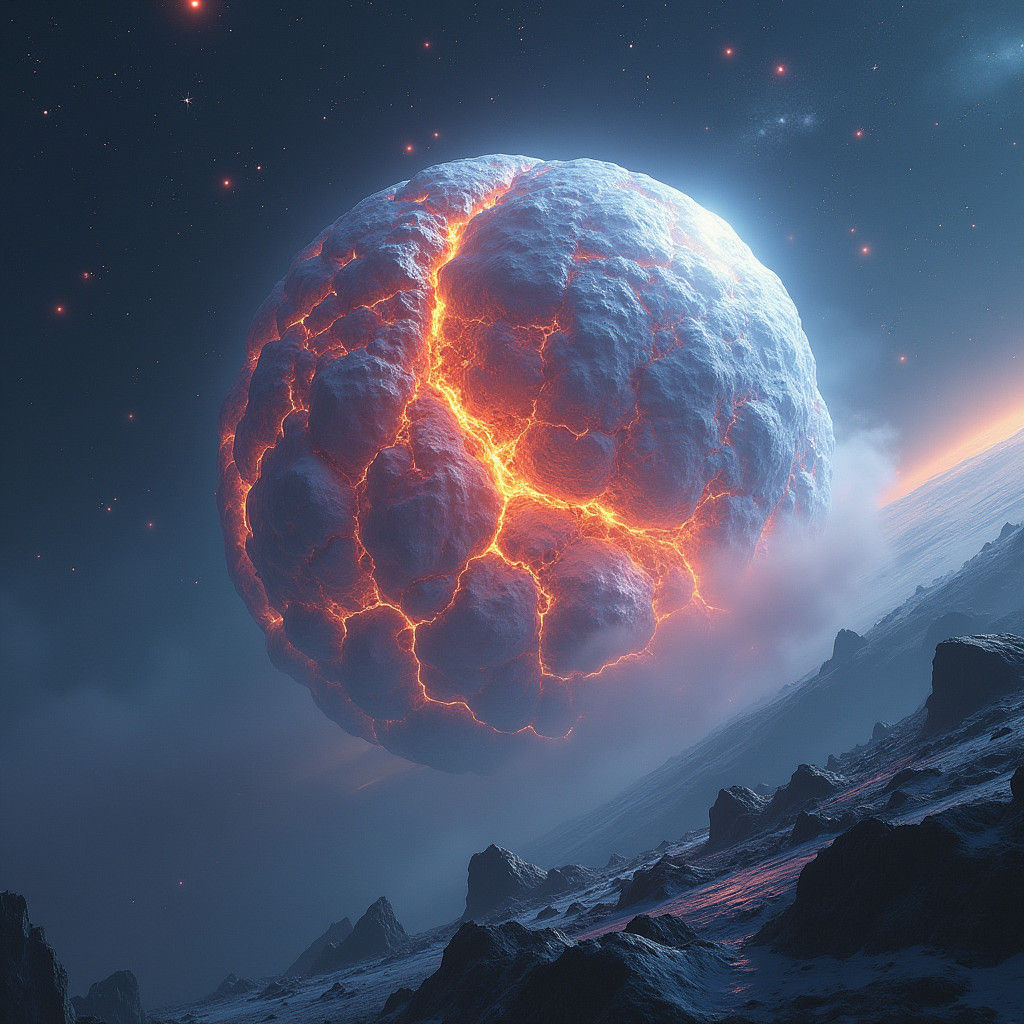 Crystal Planet with Lava Fire Cracks in Space