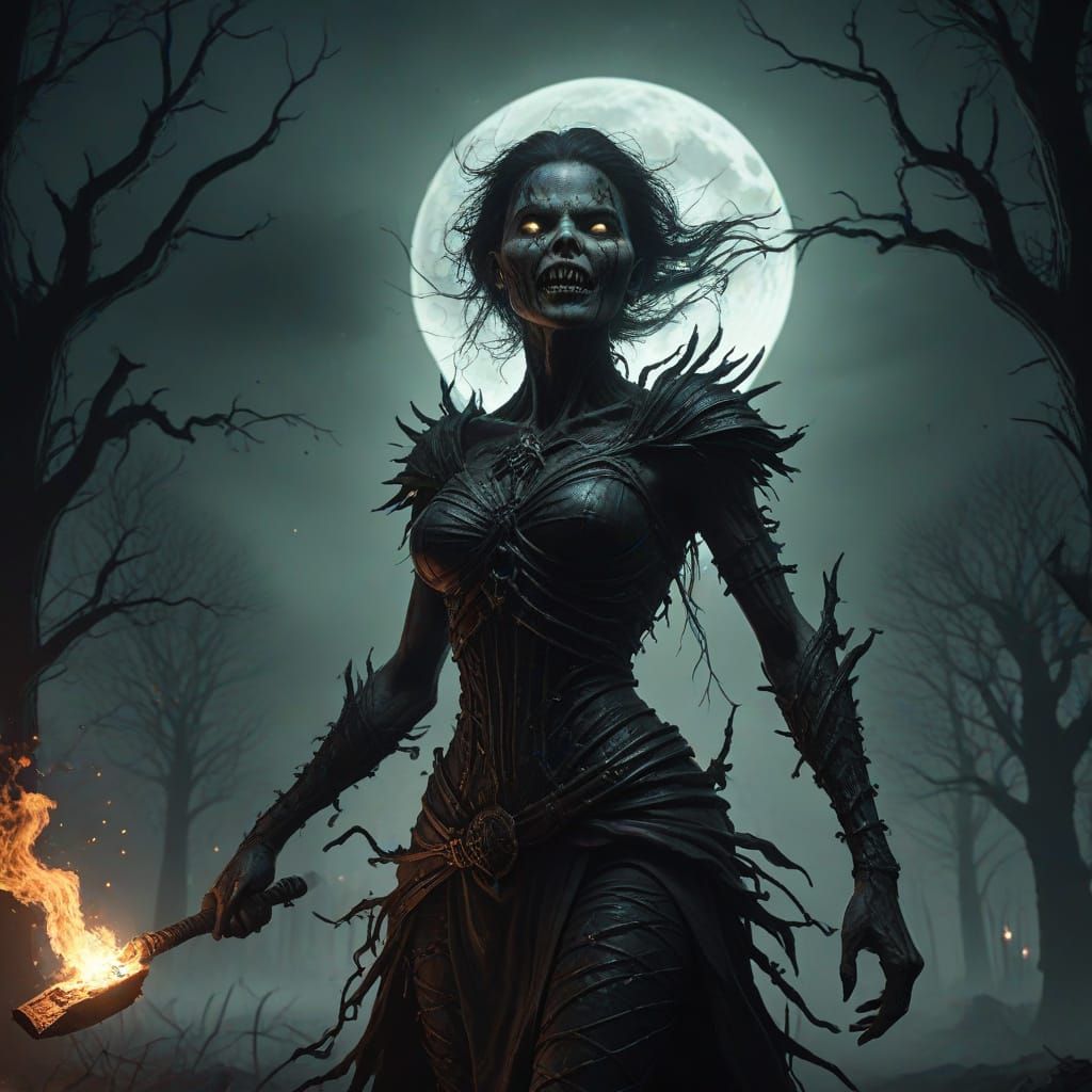 Wart-Covered Witch Soars Through Dark, Stormy Night Sky