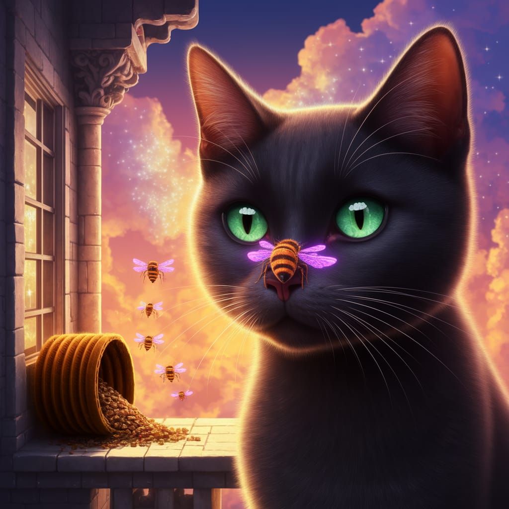 Sleek Black Cat Encounters Vibrant Magical Bee