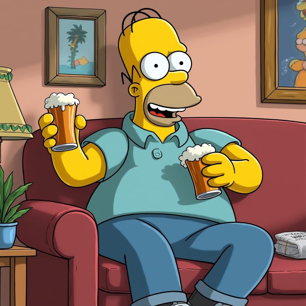Hyperrealistic Homer Simpson on Couch with Beer