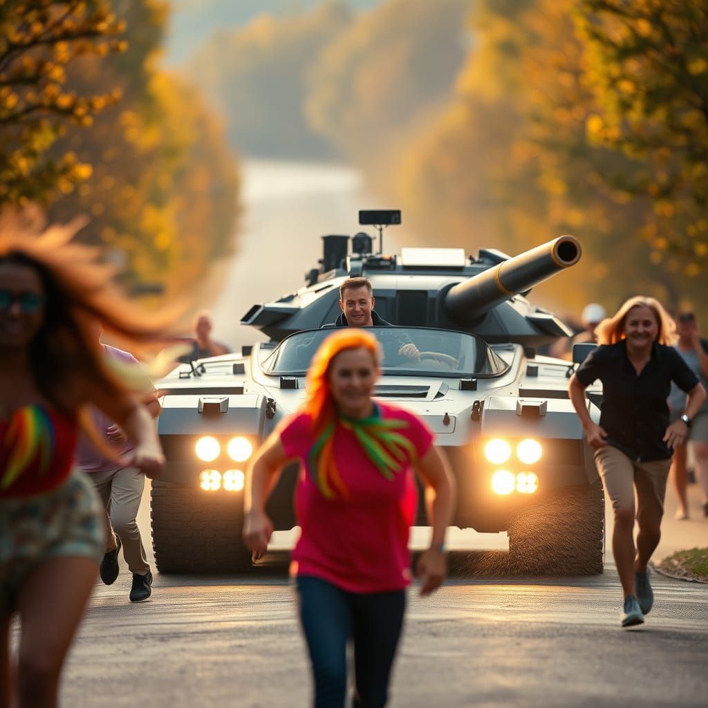 Vibrant Rebels Flee Futuristic Despot in Neon Landscape