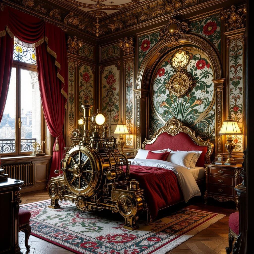 Opulent Art Nouveau Bedroom with Steampunk Engine