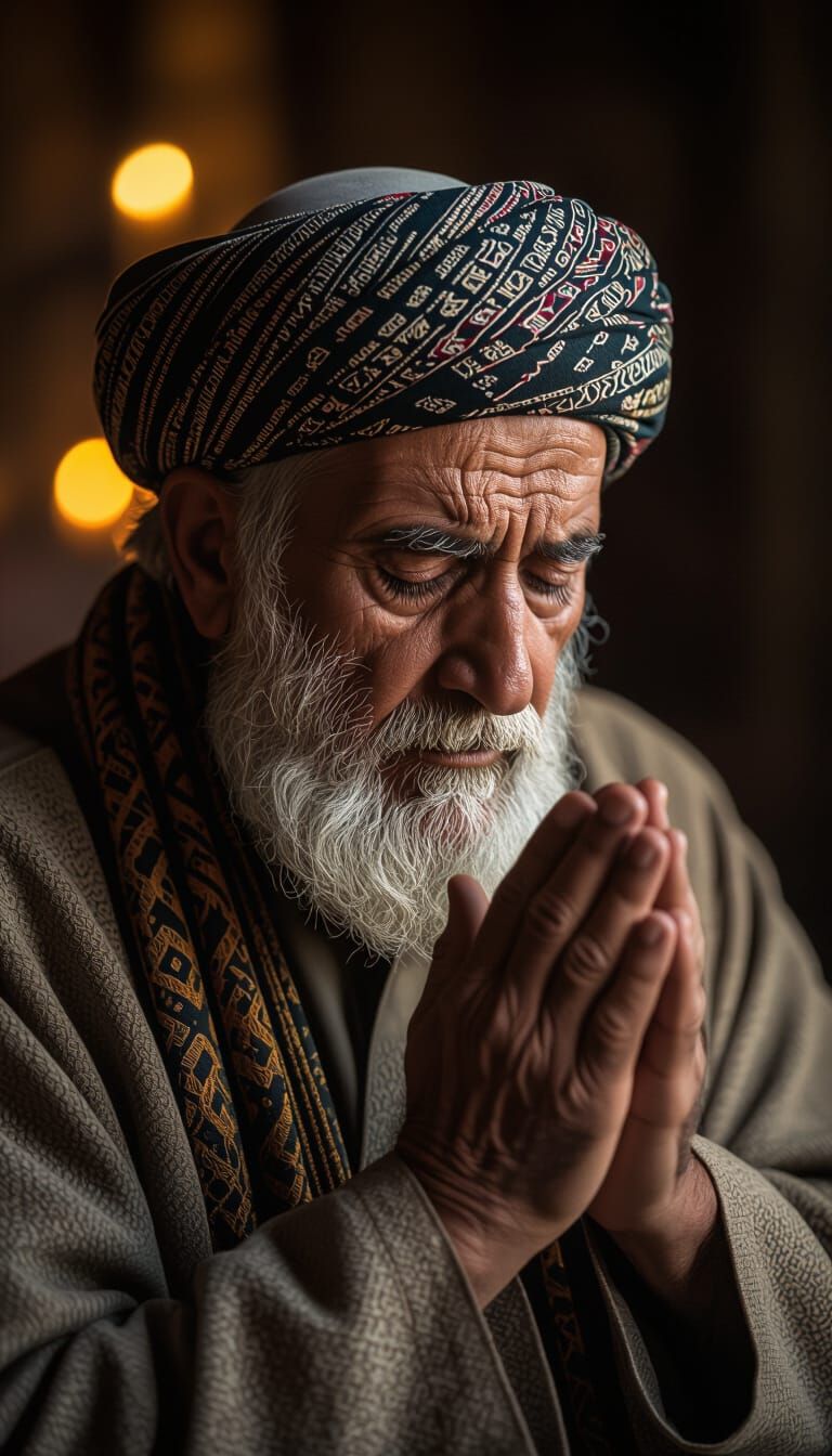 Reverent Old Muslim Man in Prayer, Cinematic Style