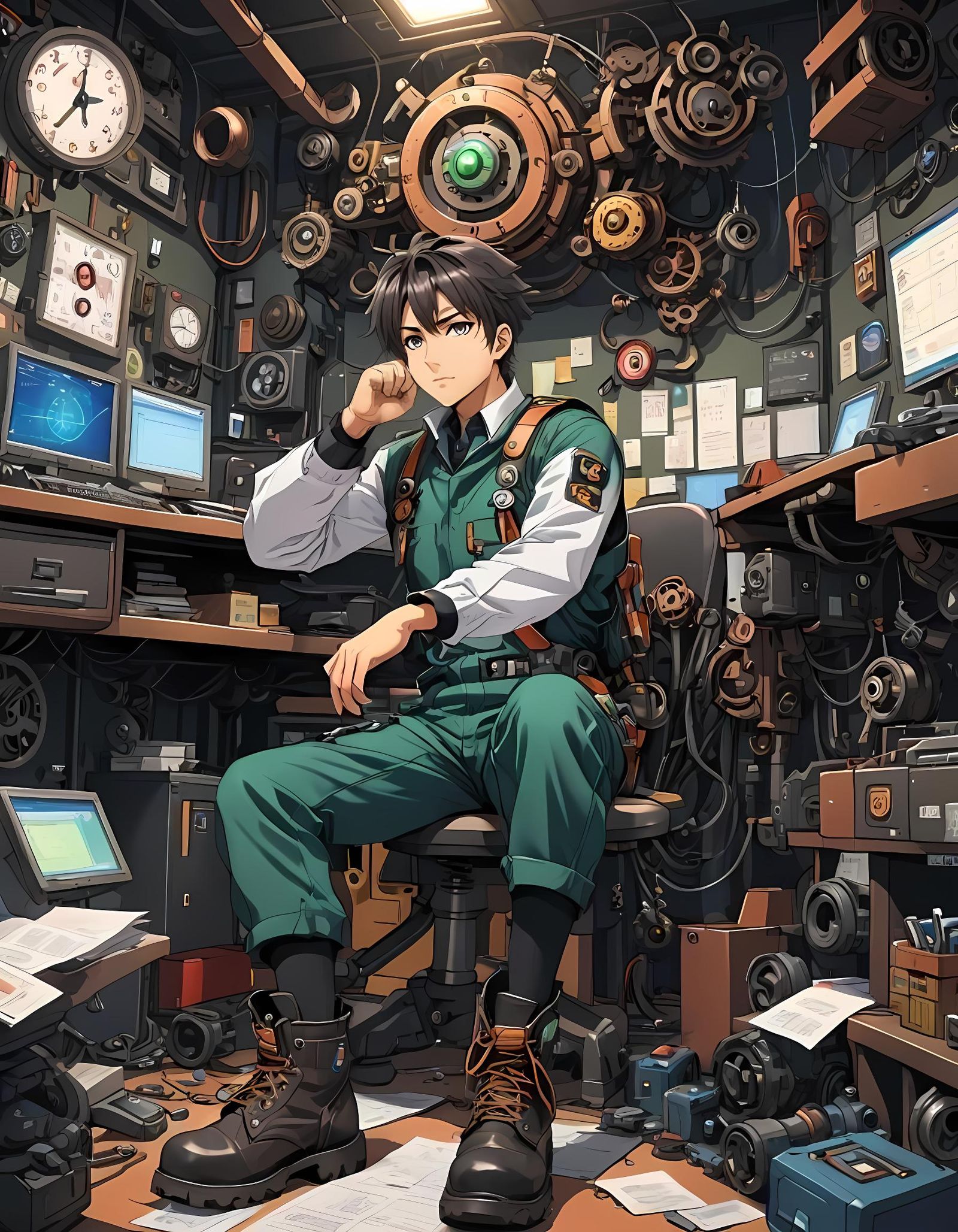 Confused Mechanic in Anime Style with Floating Symbols