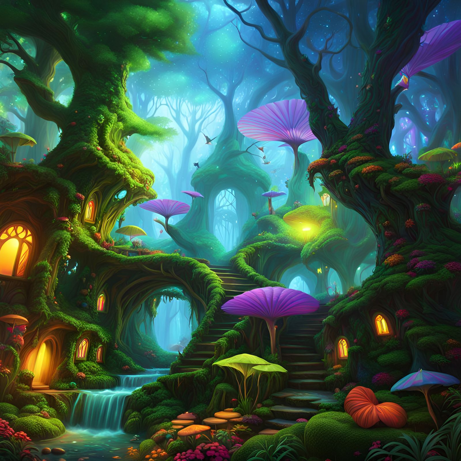 Faerie house in a Psychedelic fantasy forest