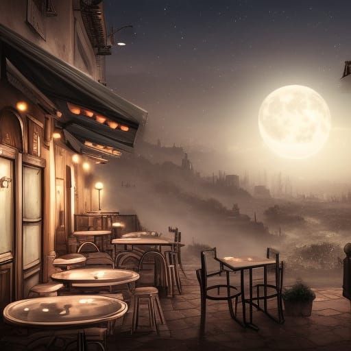 Italian Night Cafe with Moon and Mist
