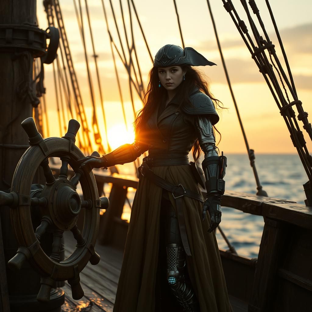 Cyborg Pirate at the Helm, Cinematic Film Still