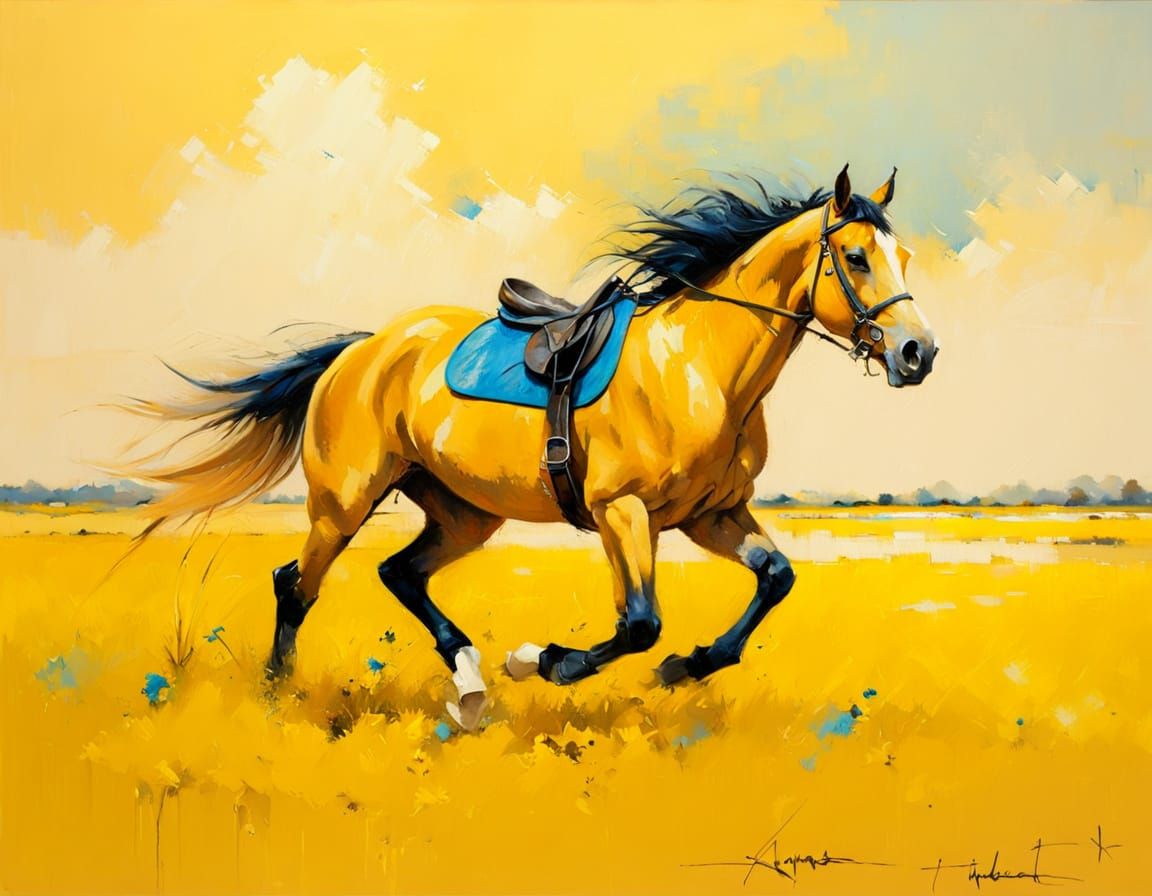 Vibrant Yellow Horse Runs in Surreal Impressionistic Paintin...
