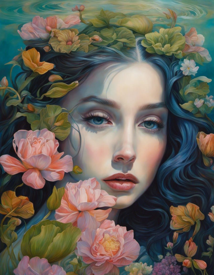 Drowned Ophelia in Rippling Water, Hyperdetailed Fantasy