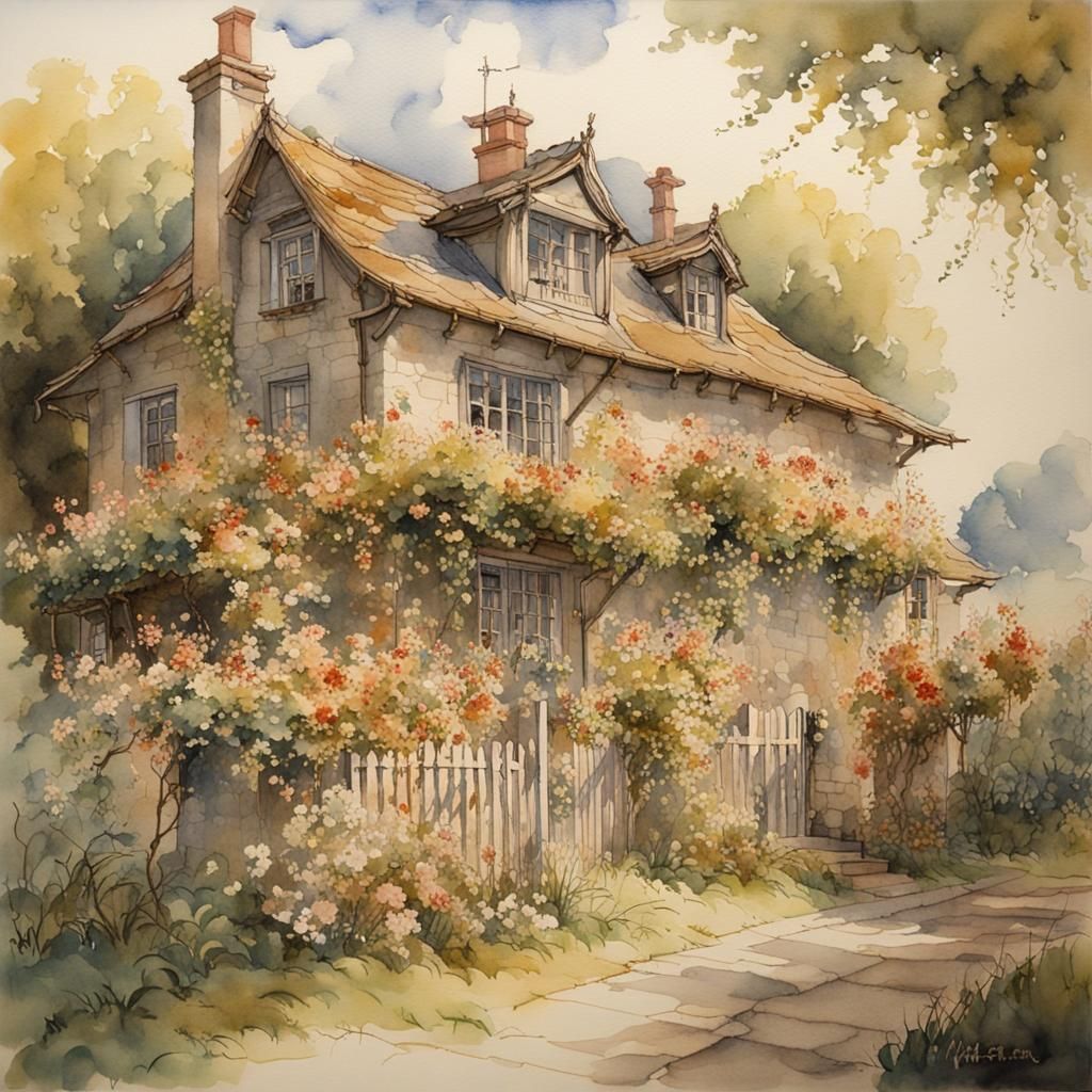 An old country house with a fenced yard with an abundance of flowers and overrun with flowering vines, watercolor painti...