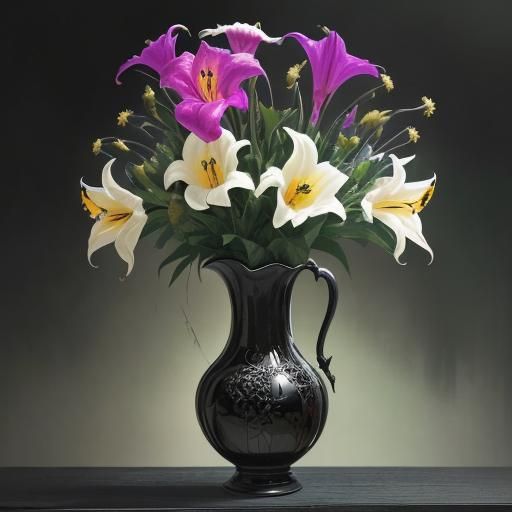 Black Velvet Lilies with Tusks in Stained Glass Style