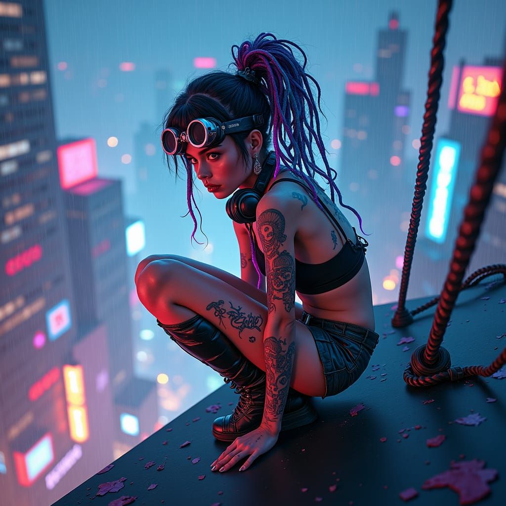 Cyberpunk Girl on Megacity Rooftop at Night