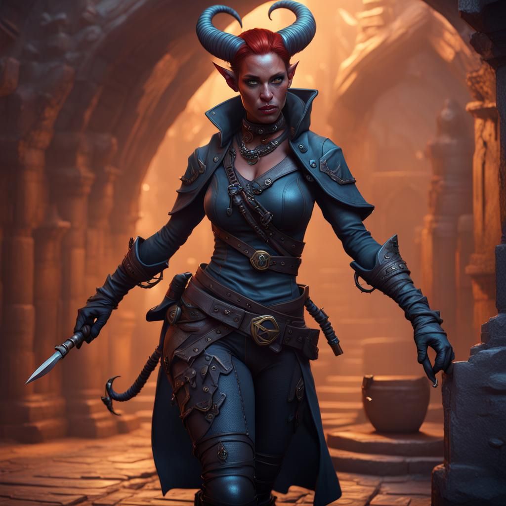 Sarcastic Tiefling Rogue Character Portrait in Fantasy Art
