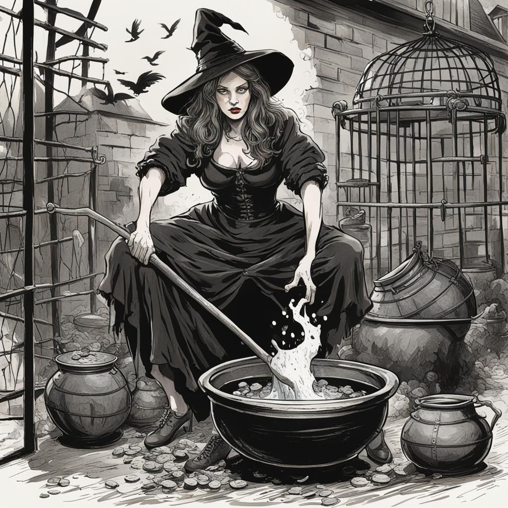 Enchanting Witch Brews Potion with Captives