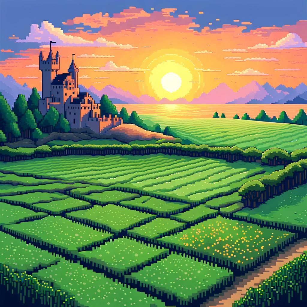 view of the sunset over the medieval green field in pixel ar...