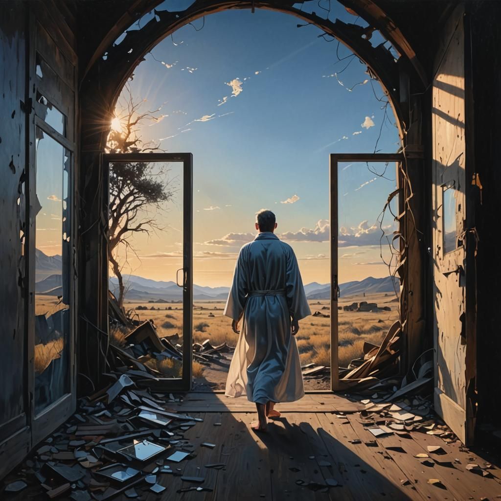 Translucent Figure Emerges into Dawn Landscape