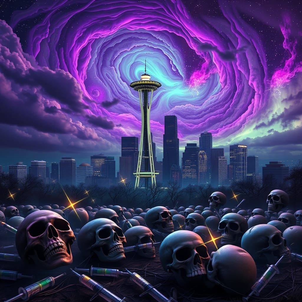 Dystopian Seattle Cityscape under Iridescent Nebula Sky
