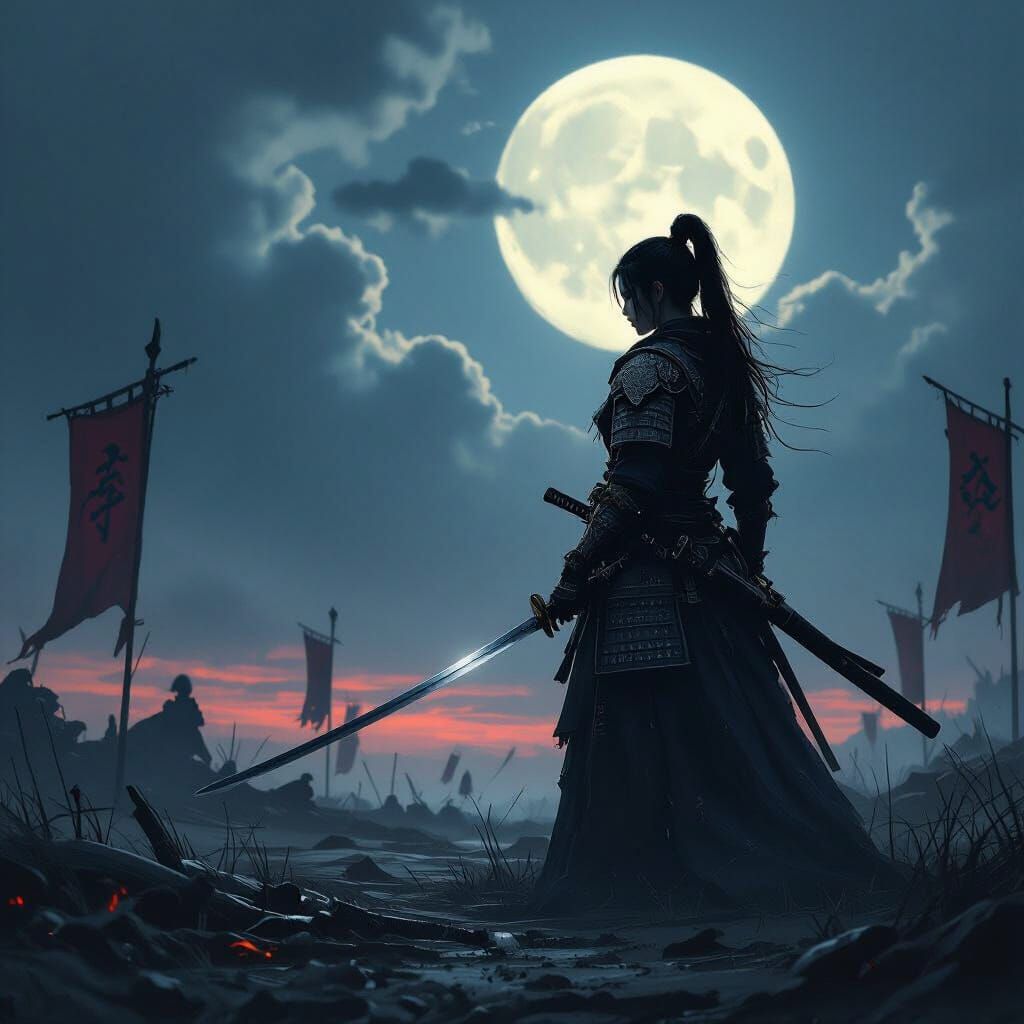 Lone Samurai in Stormy Twilight Battlefield