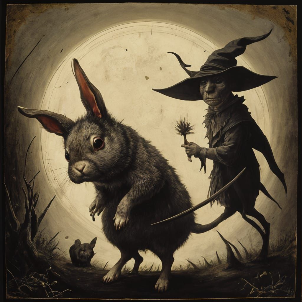 Rabbit's Surreal Escape: Bosch and Rembrandt Style