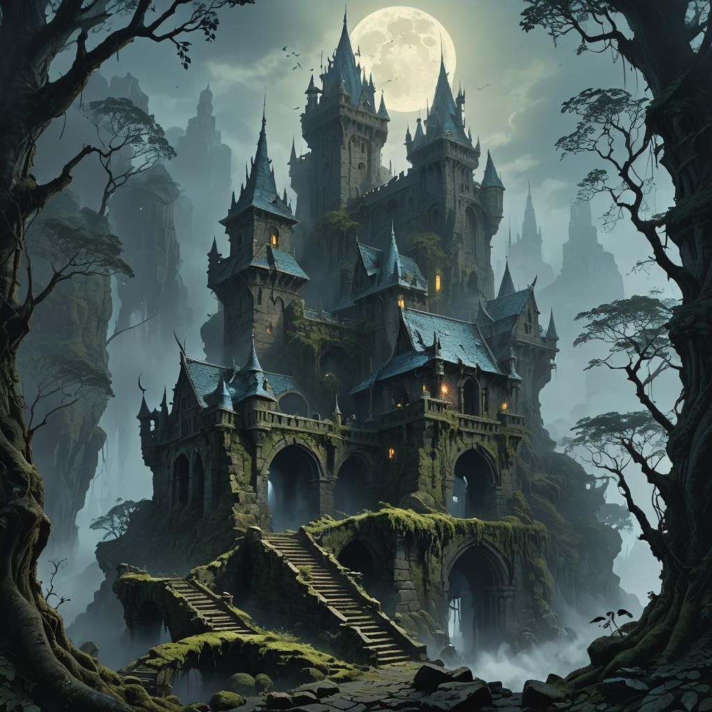 Mist-Shrouded Fortress in Dark Fantasy Style