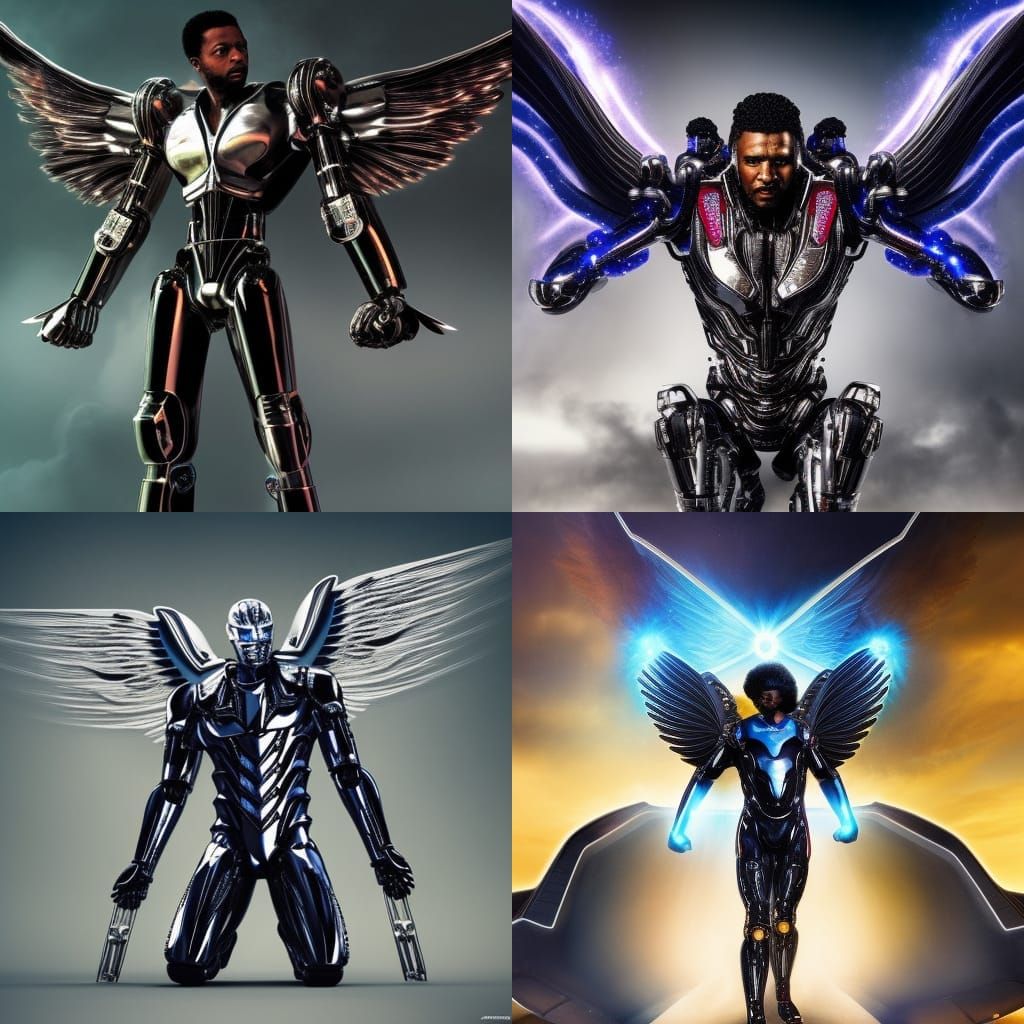 Afrofuturist Terminator Robot with Metal Wings