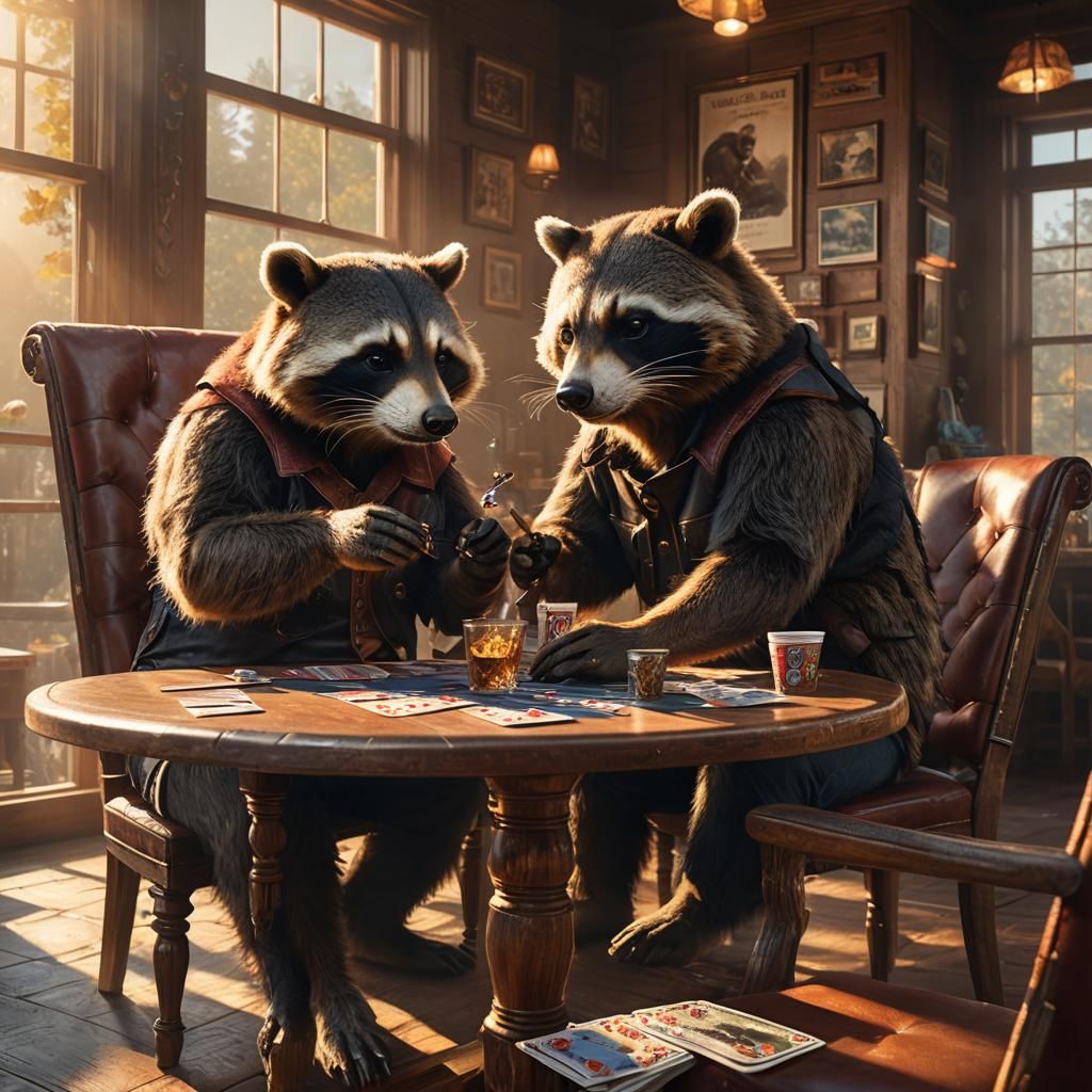 Rocky Raccoons sitting at table, playing cards