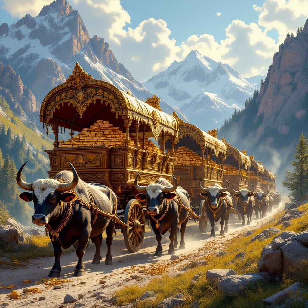 Fantasy Caravan Pulled by Magical Beasts in Mountain Pass