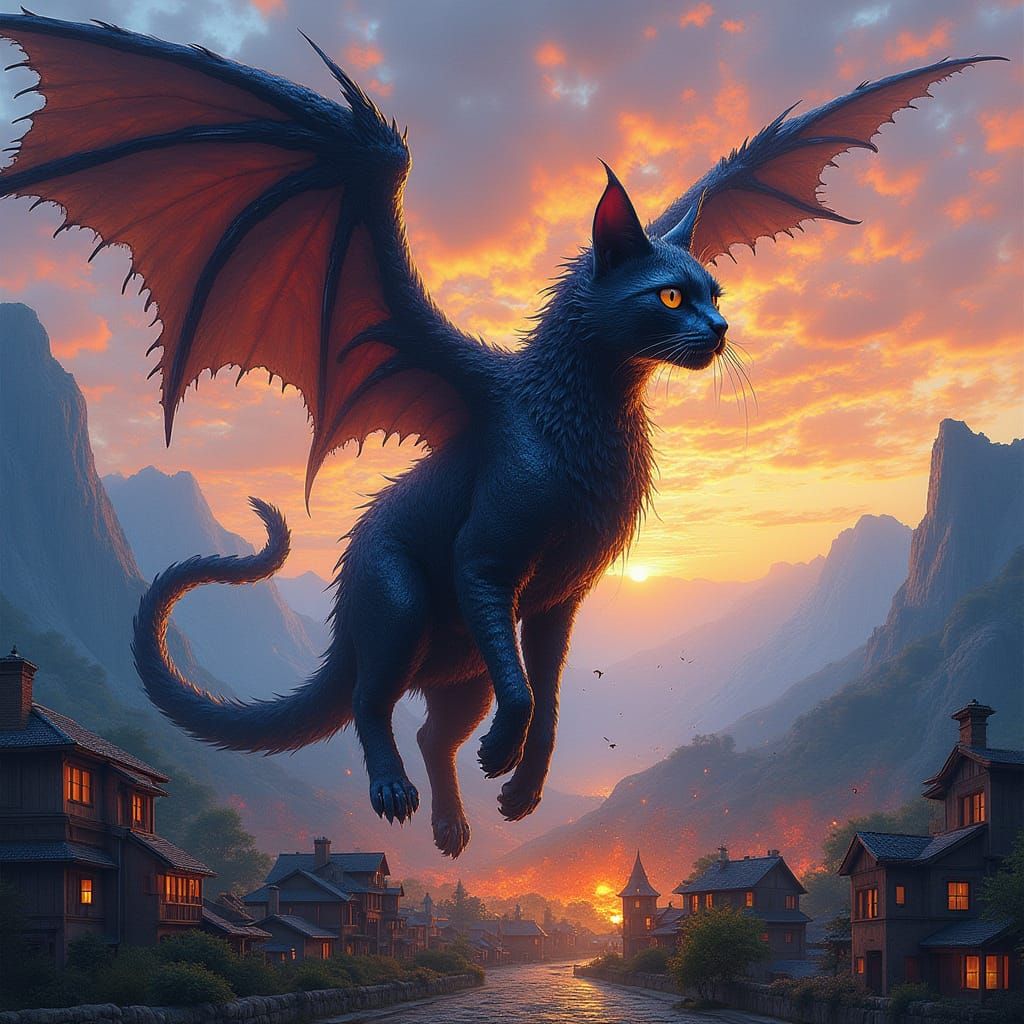 Gothic Giant Cat with Wings Burns Town in Pointillist Style