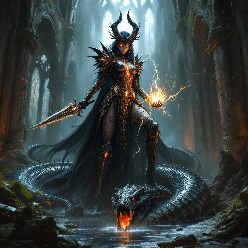 Undead Warlord on Skeletal Serpent in Gothic Ruins