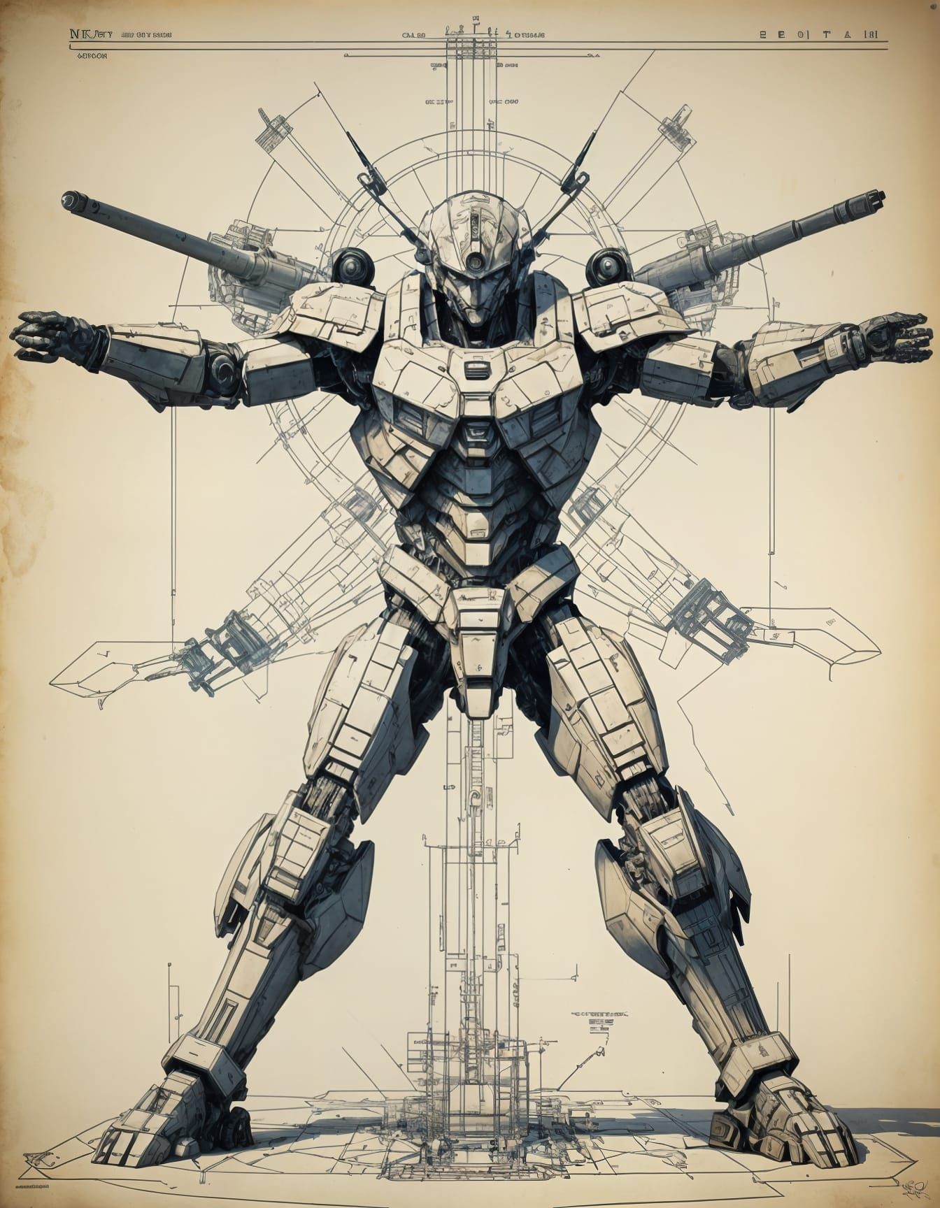 Cybernetic Blueprint in Vitruvian Man Style