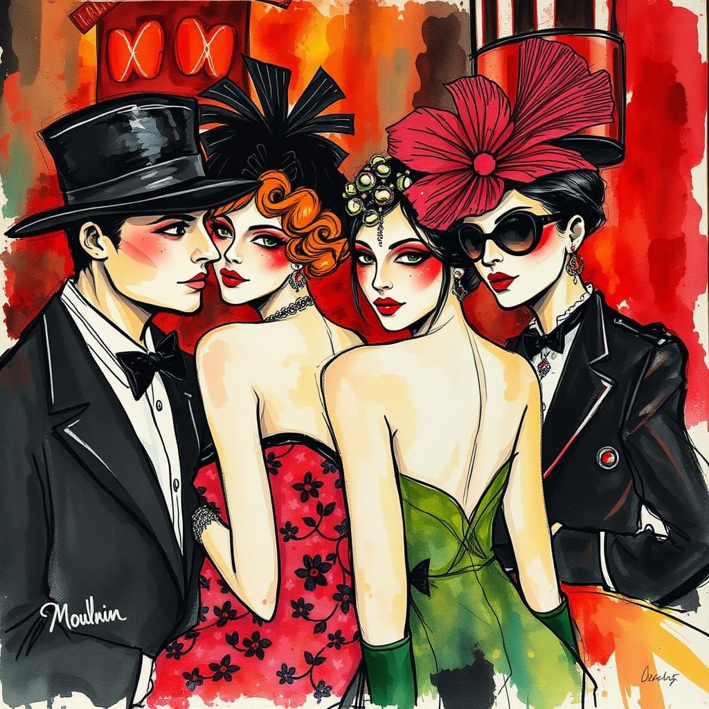 1920s Moulin Rouge Patrons in Neo-Impressionist Style