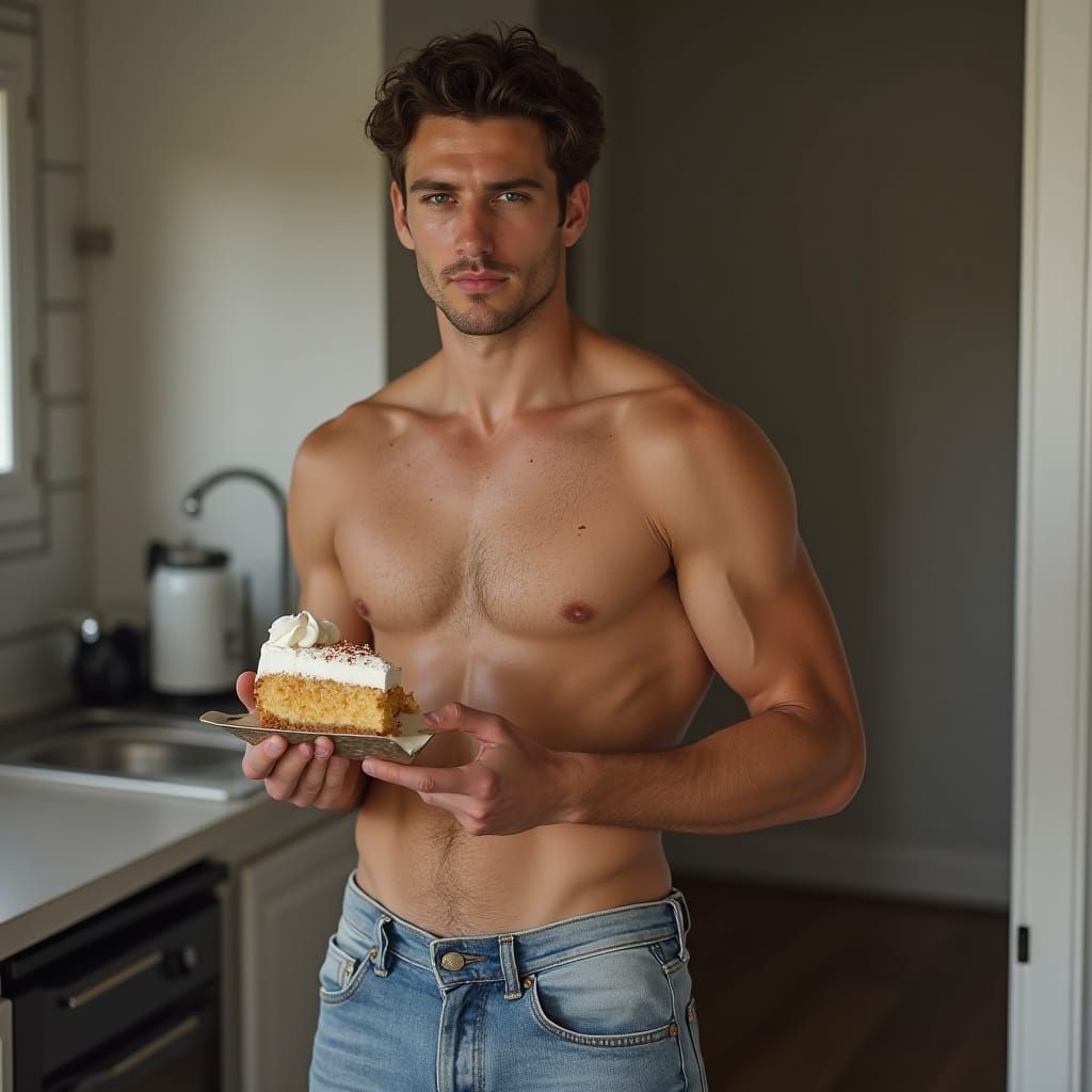Handsome Man Enjoying a Slice of Cake in Photorealistic Styl...