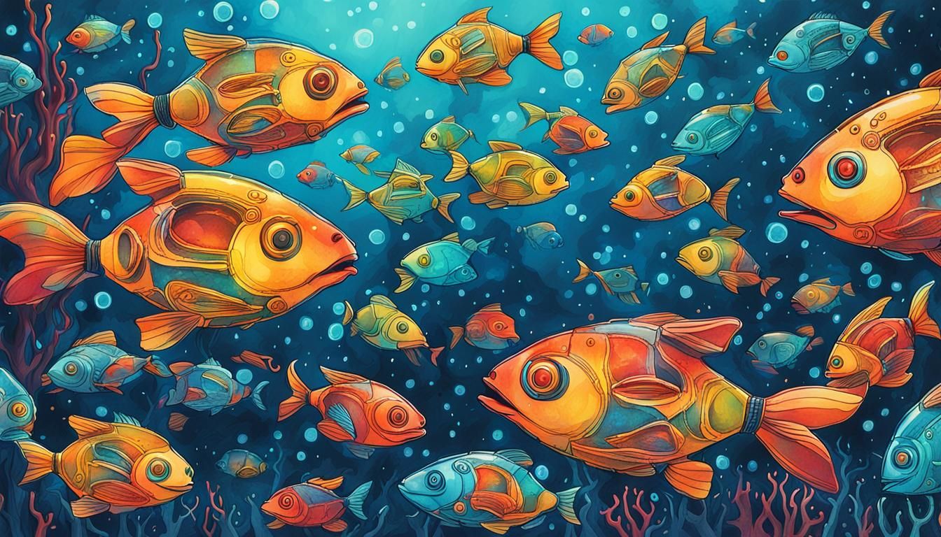 Robotic Fish School in Whimsical Ink Poster Art