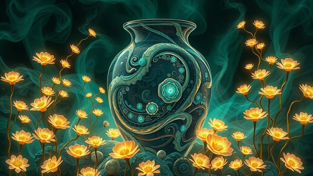 Kintsugi Vase with Ethereal Flowers in Alcohol Ink Style