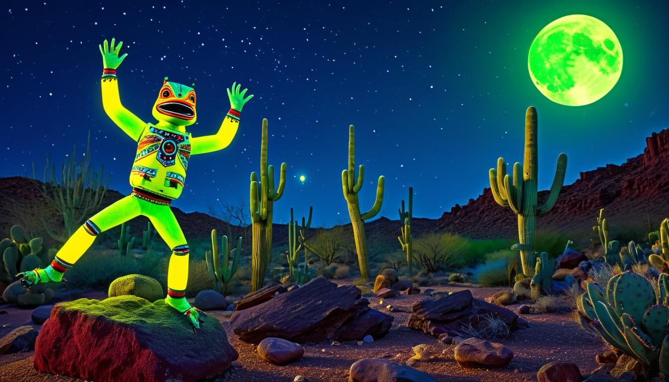 Neon Kachina Doll Dances in Desert Dreamscape