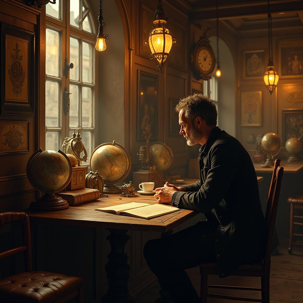 Cozy History Cafe with Vintage Globes and Books