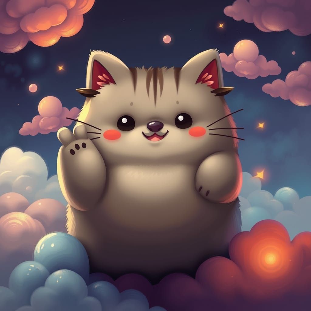 Whimsical Grey Cat in a Vibrant Fantasy Landscape