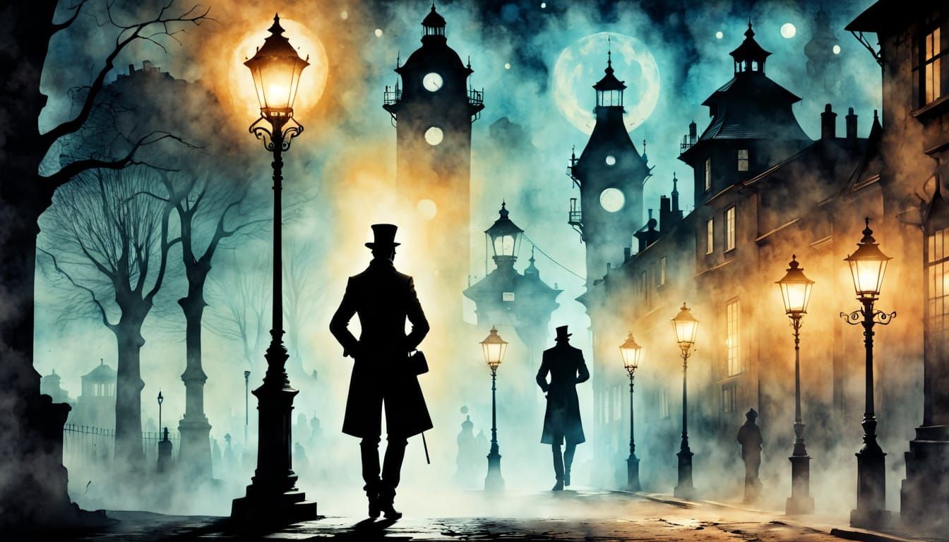 A Steampunk Magician Under the Glow of Vintage Street Lanter...