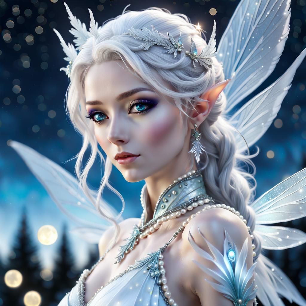Hyperrealist Frost Fairy Portrait under Moonlit Skies