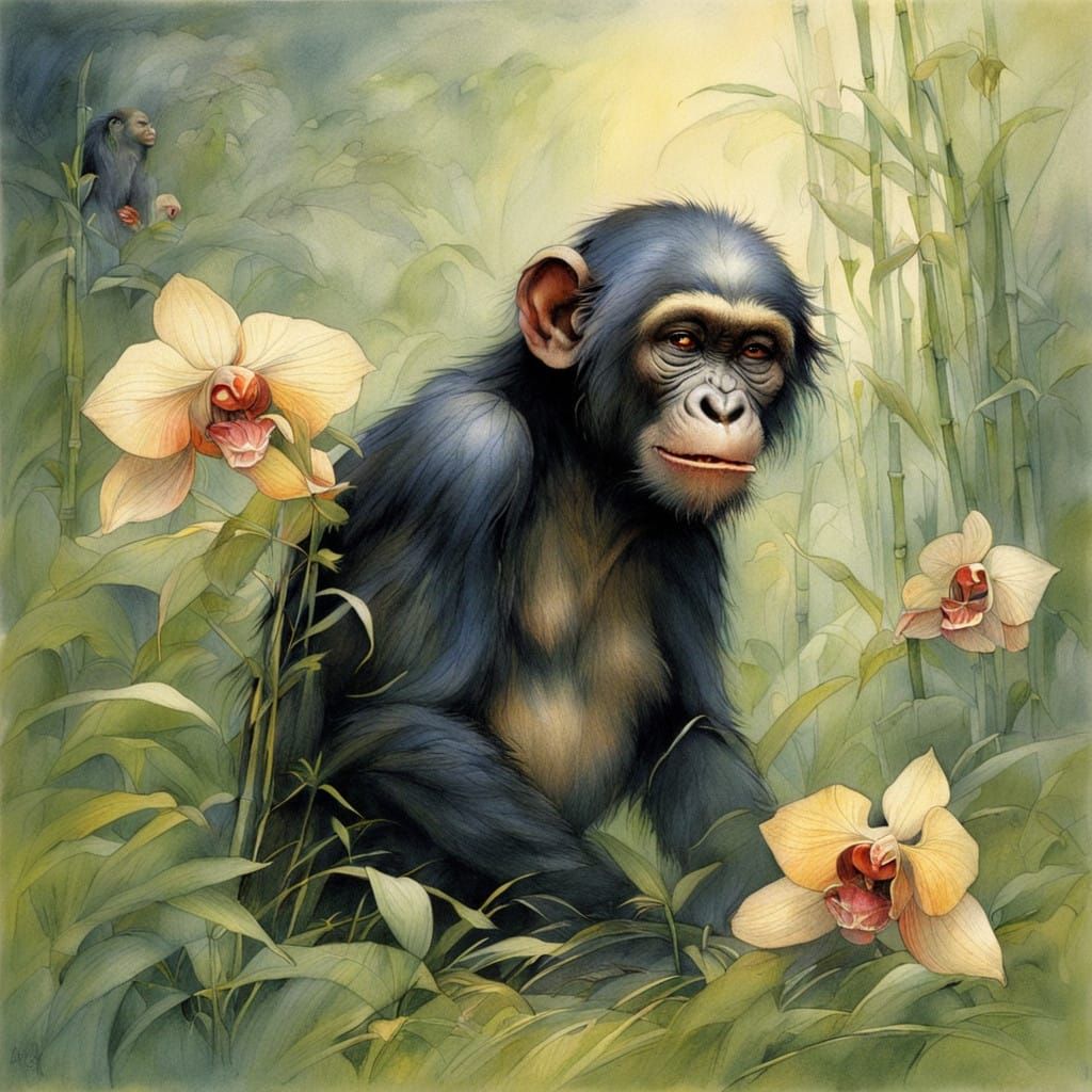 cute bonobo in a meadow of orchids flower