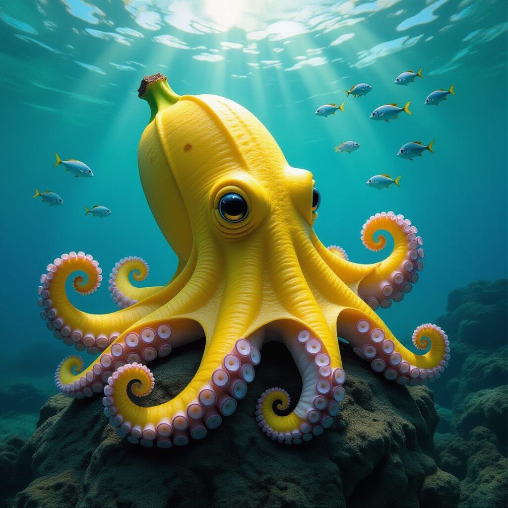 Octopus-Banana Hybrid Creature in Hyperrealistic Portrait