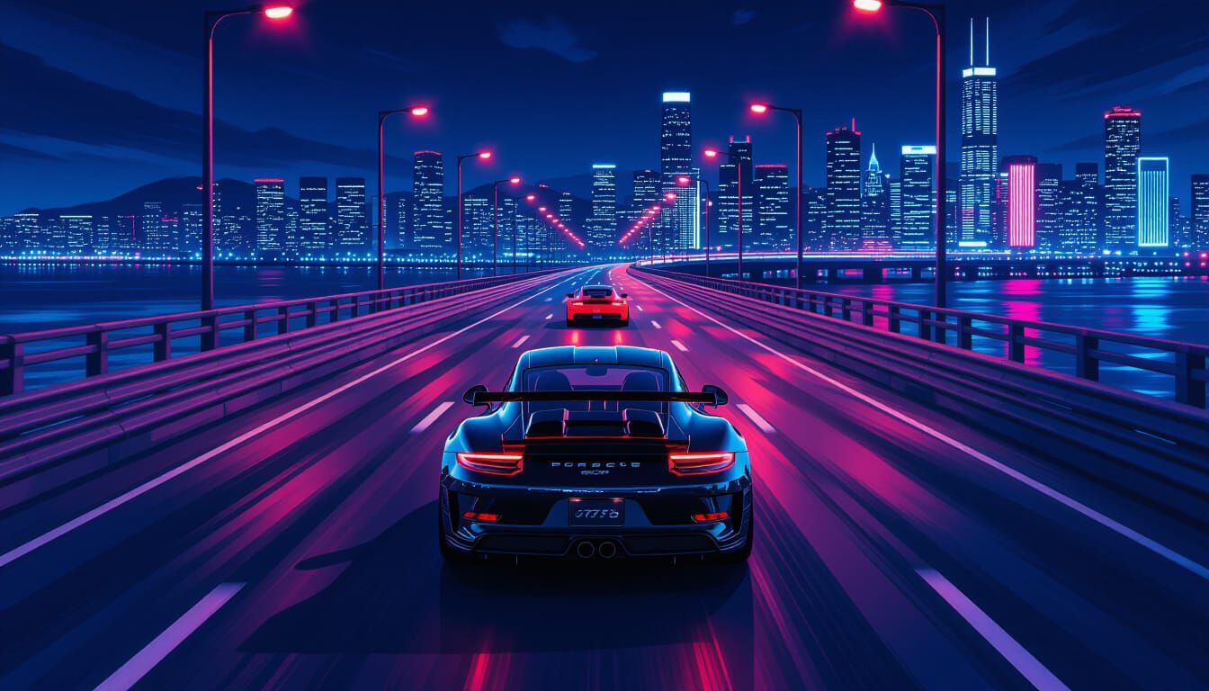 Black Porsche GT3 RS Chase on Neon Causeway