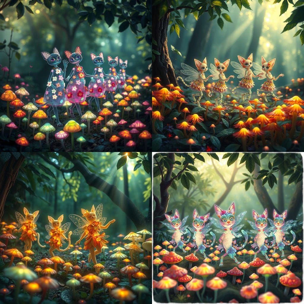 Whimsical Forest Fairies Dance in a Line of Radiant Flowers