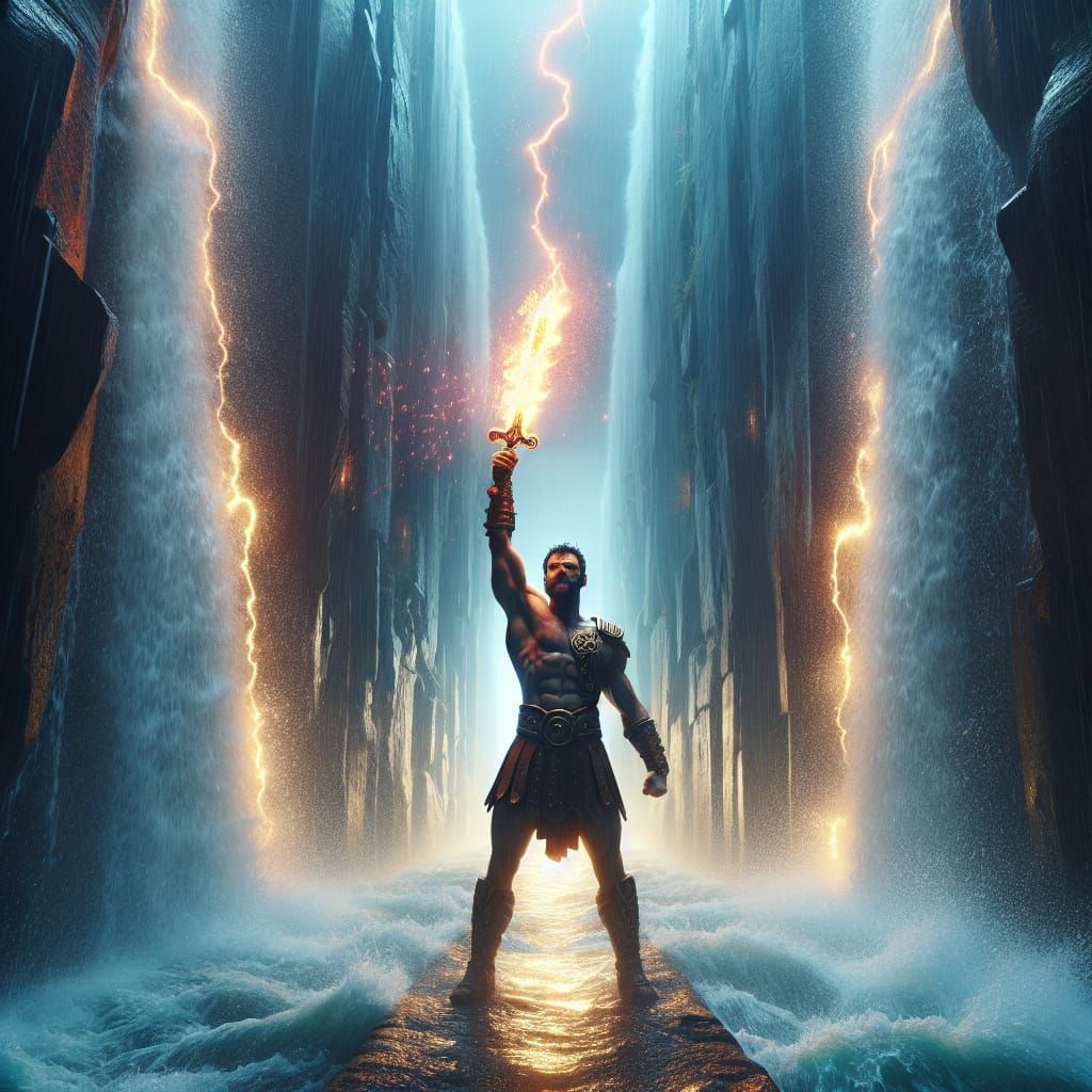 Heroic Hercules with Flaming Sword in Water Rift