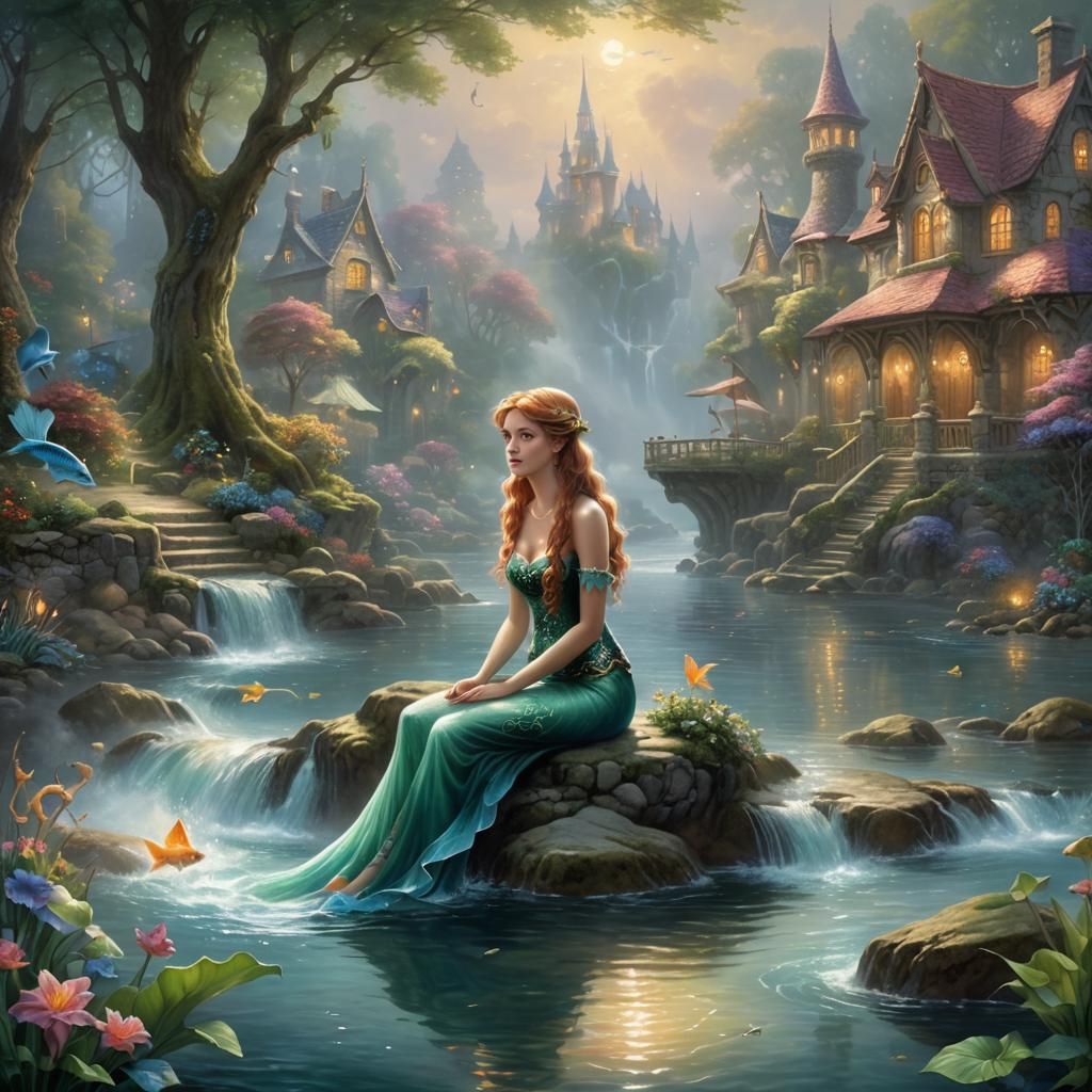 Elf and Mermaid in Ethereal Fantasy Landscape