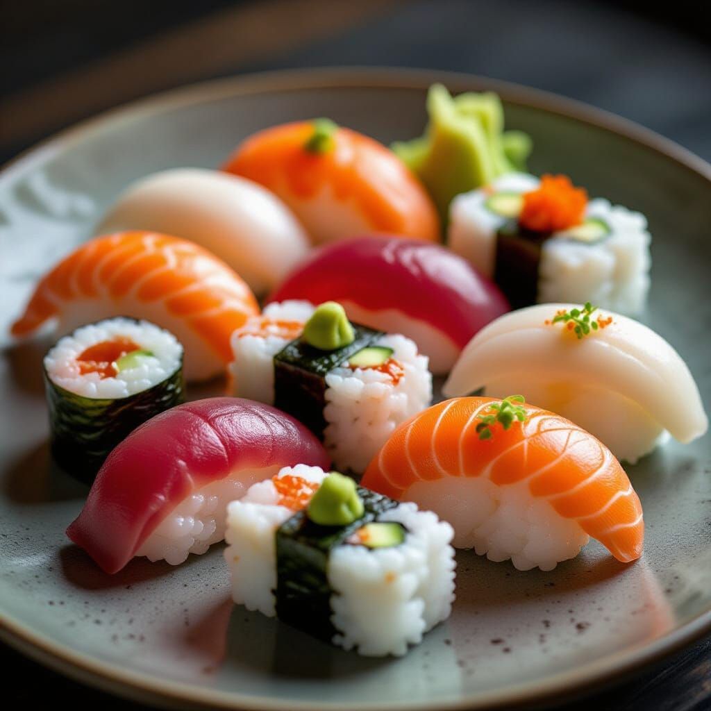Hyperrealistic Top View of Assorted Sushi Plate