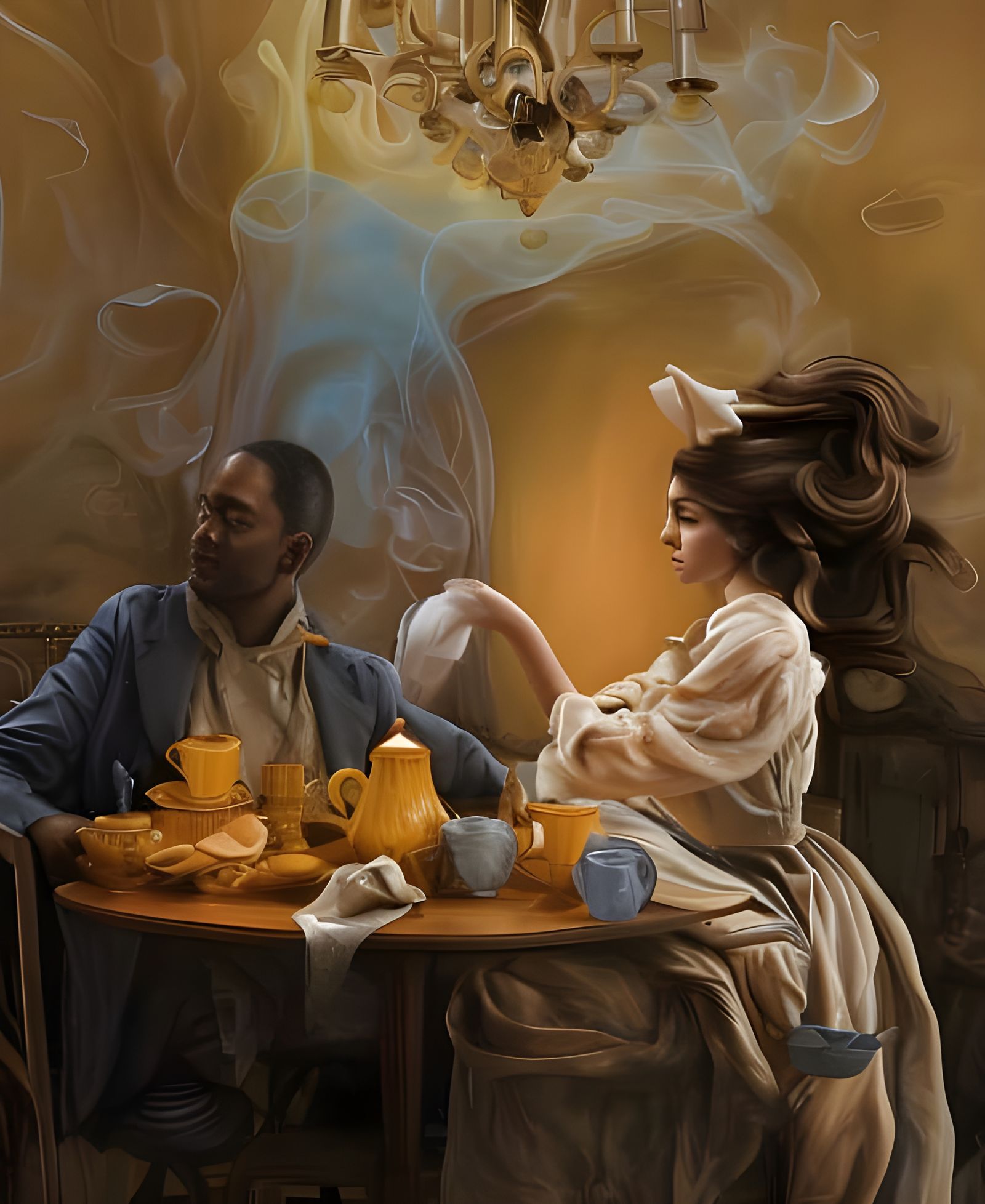 Beautiful Woman Enjoying Tea in Cafe: Photorealistic Portrai...