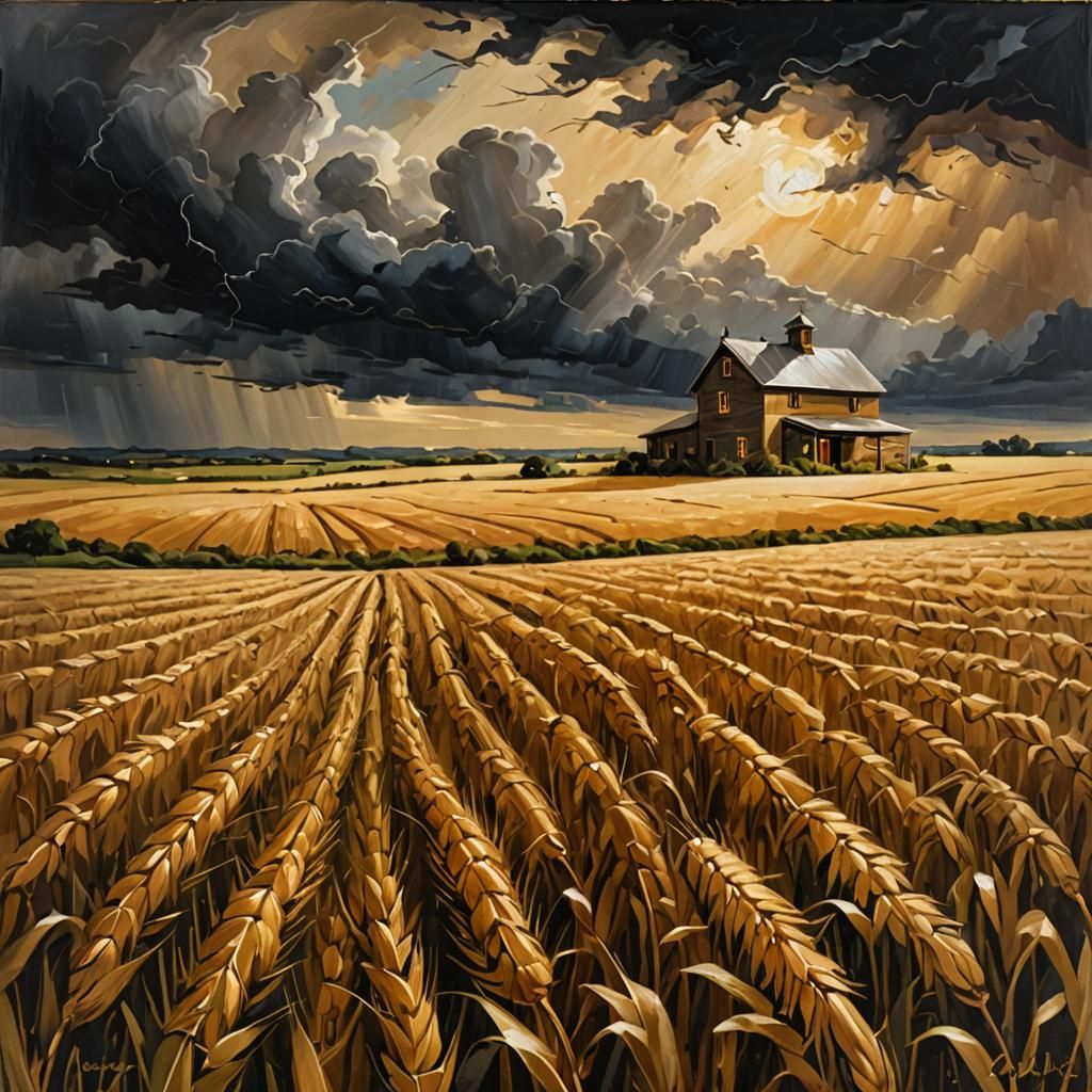 Wheat Fields Under Stormy Sky: Oil Painting Landscape